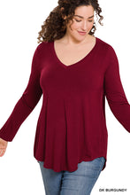 Load image into Gallery viewer, LONG SLEEVE V-NECK DOLPHIN HEM TOP (DK BURGUNDY)
