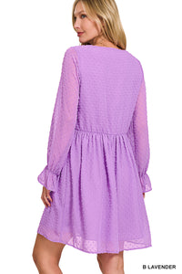 Swiss Dot Long Sleeve V-Neck Dress - B Lavender