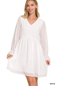 Swiss Dot Long Sleeve V-Neck Dress - White