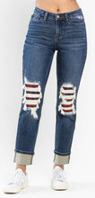 Load image into Gallery viewer, Mid Rise Buffalo Plaid Knee Destroy Patches & Cuff Boyfriend