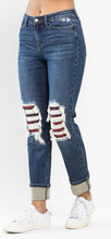 Load image into Gallery viewer, Mid Rise Buffalo Plaid Knee Destroy Patches & Cuff Boyfriend
