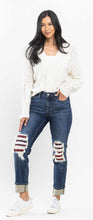 Load image into Gallery viewer, Mid Rise Buffalo Plaid Knee Destroy Patches & Cuff Boyfriend