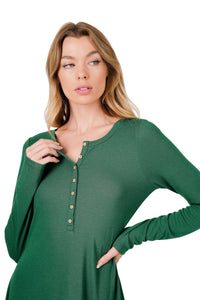 Long Sleeve Button Dress (Dk Green)