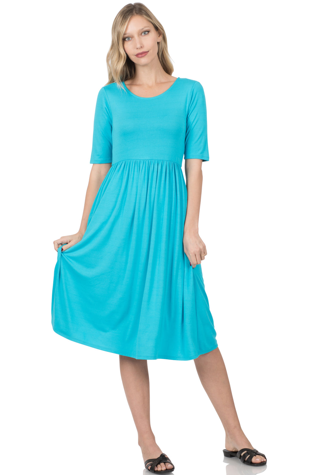 Solid Shirring Waist Dress (Ice Blue)
