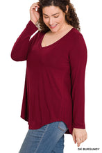 Load image into Gallery viewer, LONG SLEEVE V-NECK DOLPHIN HEM TOP (DK BURGUNDY)
