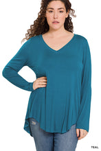 Load image into Gallery viewer, LONG SLEEVE V-NECK DOLPHIN HEM TOP (TEAL)
