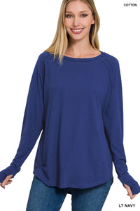 COTTON RAGLAN SLEEVE THUMBHOLE TOP (LT NAVY)