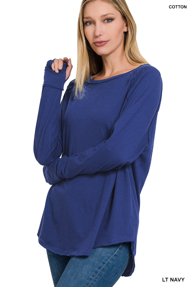 COTTON RAGLAN SLEEVE THUMBHOLE TOP (LT NAVY)