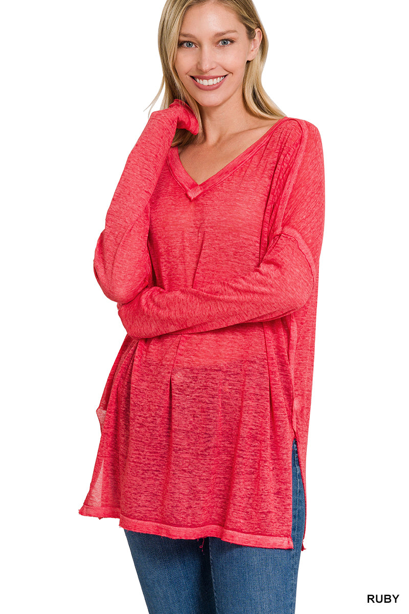 MELANGE BURNOUT DOLMAN SLEEVE TOP (RUBY)