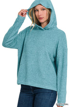 Load image into Gallery viewer, HOODED BRUSHED MELANGE HACCI SWEATER (DUSTY TEAL)
