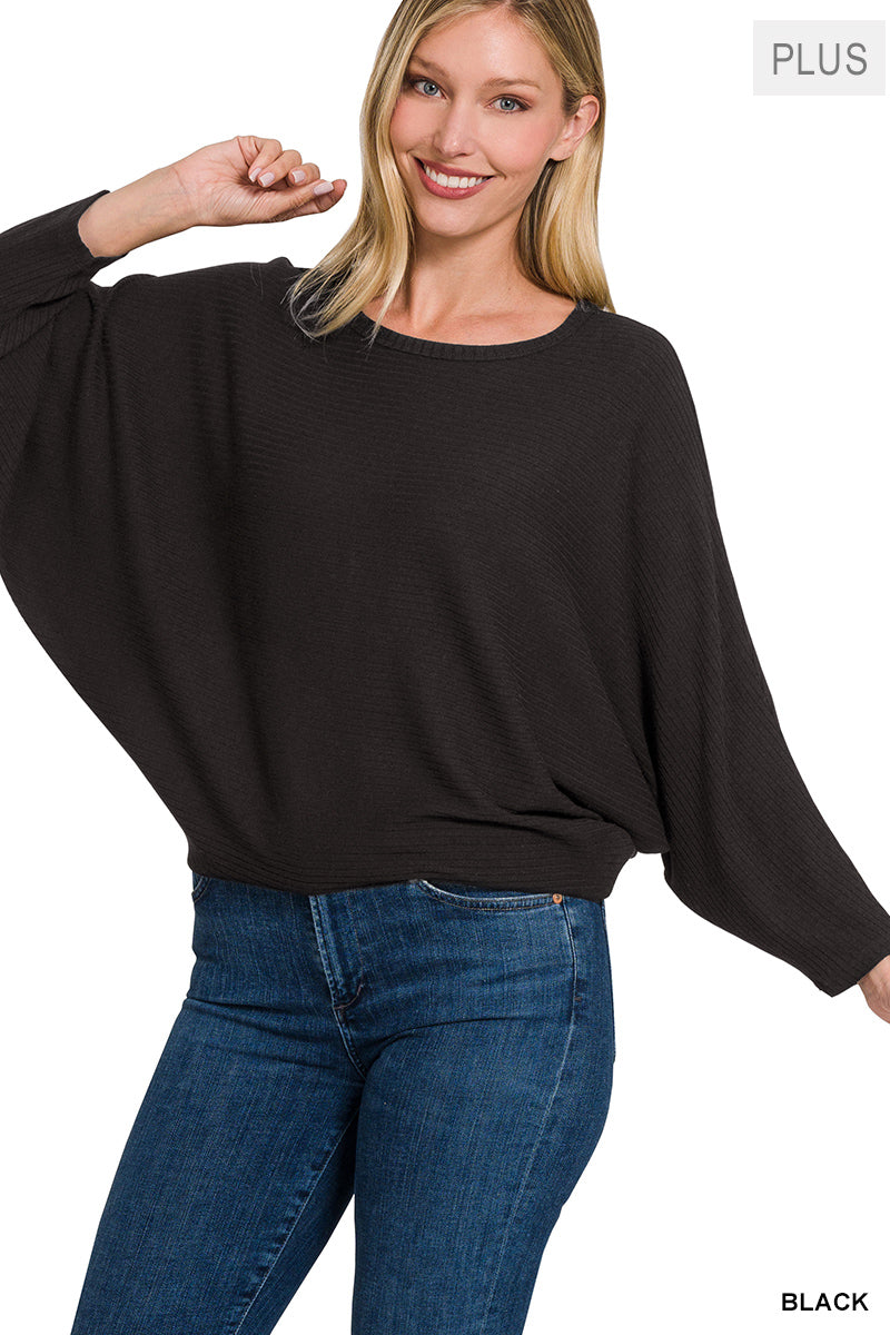 RIBBED BATWING LONG SLEEVE BOAT NECK SWEATER (BLACK)