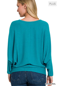 RIBBED BATWING LONG SLEEVE BOAT NECK SWEATER (OCEAN TEAL)