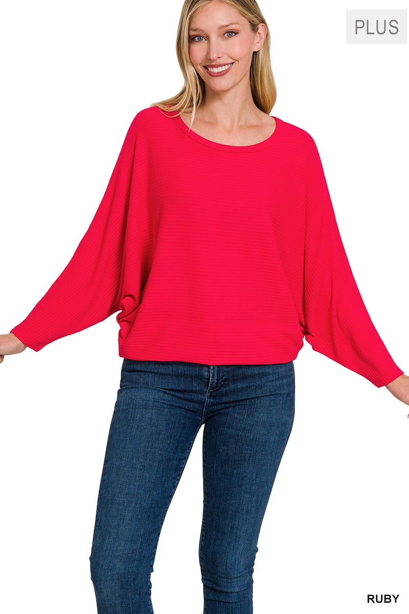 RIBBED BATWING LONG SLEEVE BOAT NECK SWEATER (RUBY)