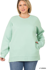 Swoop Neck Sweatshirt w/ Side Pockets - Light Green