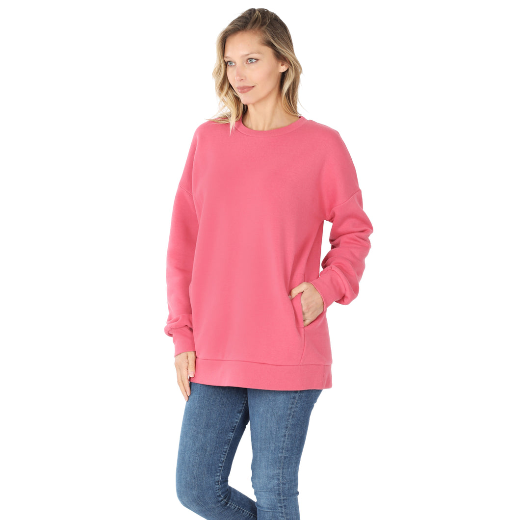 Swoop Neck Sweatshirt w/ Side Pockets - Rose