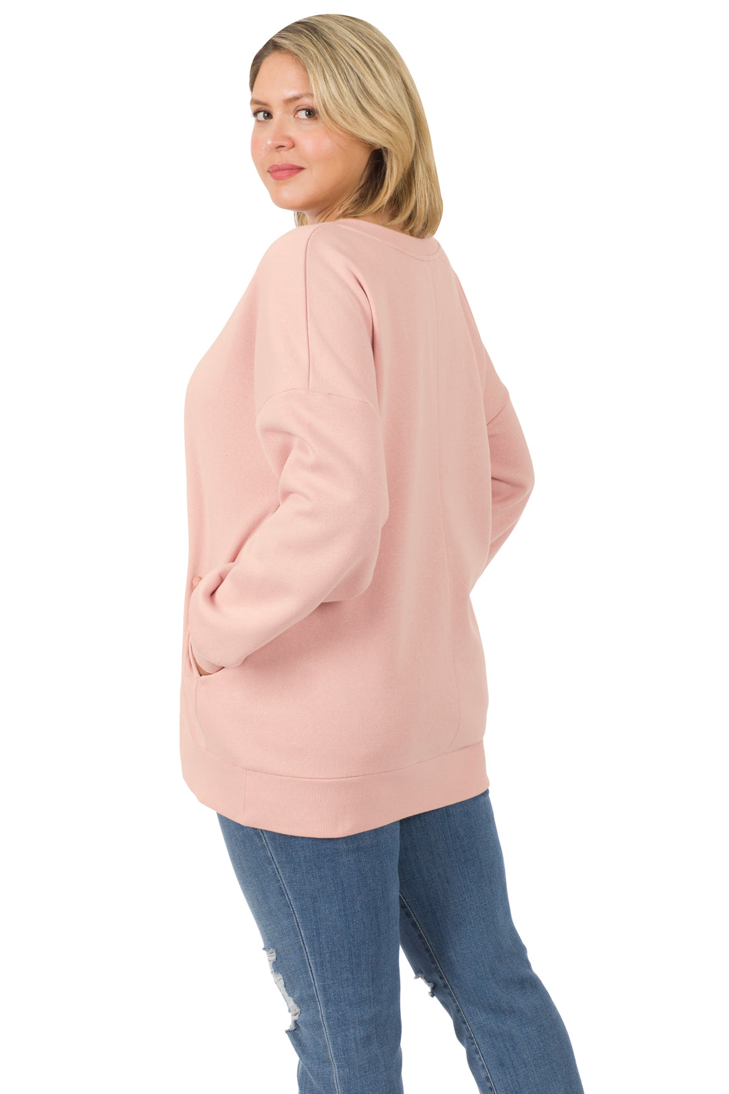 V-Neck Sweatshirt w/ Side Pockets - Cream Mauve