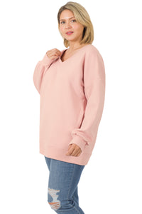 V-Neck Sweatshirt w/ Side Pockets - Cream Mauve