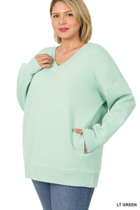 V-Neck Sweatshirt w/ Side Pockets - Light Green