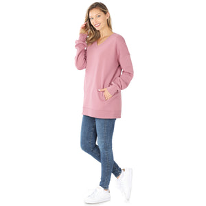 V-Neck Sweatshirt w/ Side Pockets - Light Rose