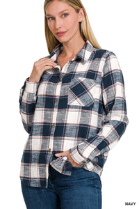 Plaid Shacket with Front Pocket (Navy)