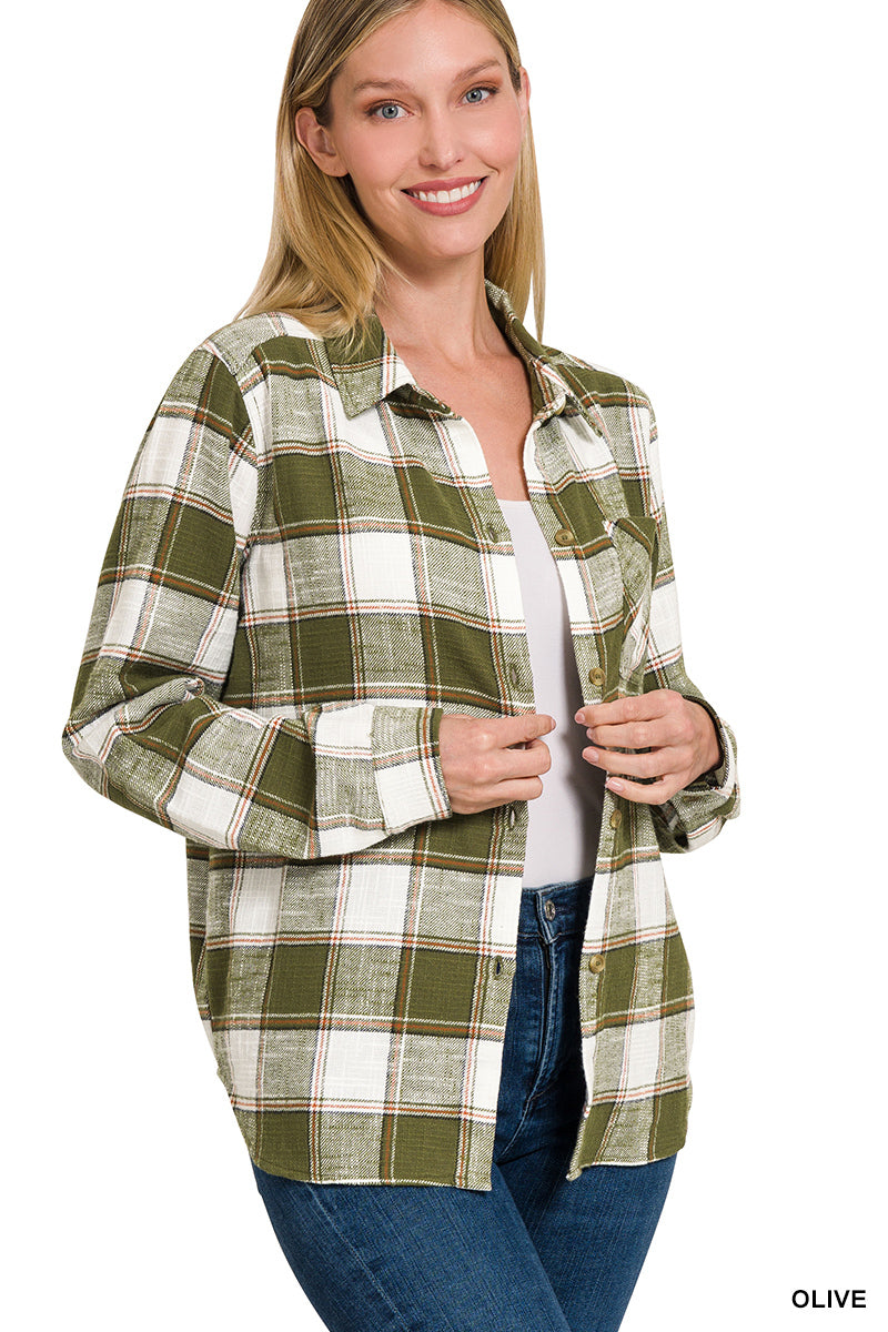 Plaid Shacket with Front Pocket (Olive)