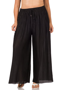 WOVEN PLEATED WIDE LEG PANTS WITH LINING (BLACK)