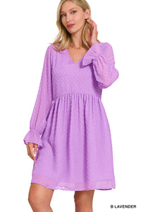 Swiss Dot Long Sleeve V-Neck Dress - B Lavender