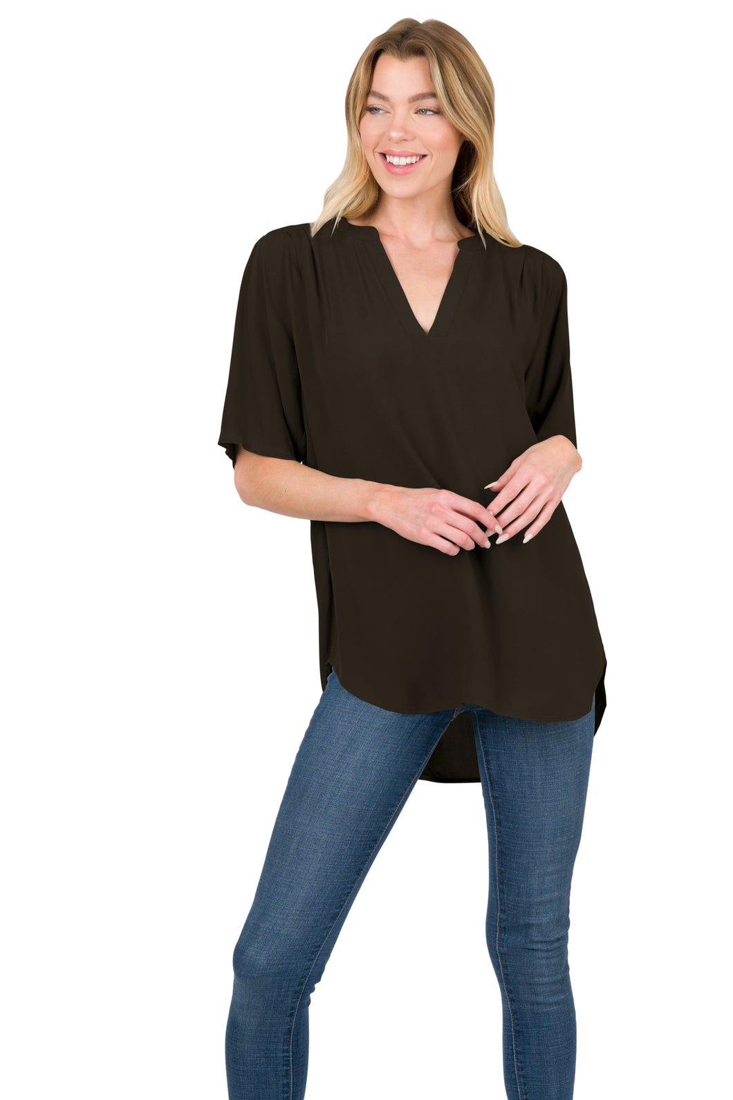 WOVEN SPLIT NECK SHORT SLEEVE TOP (BLACK)