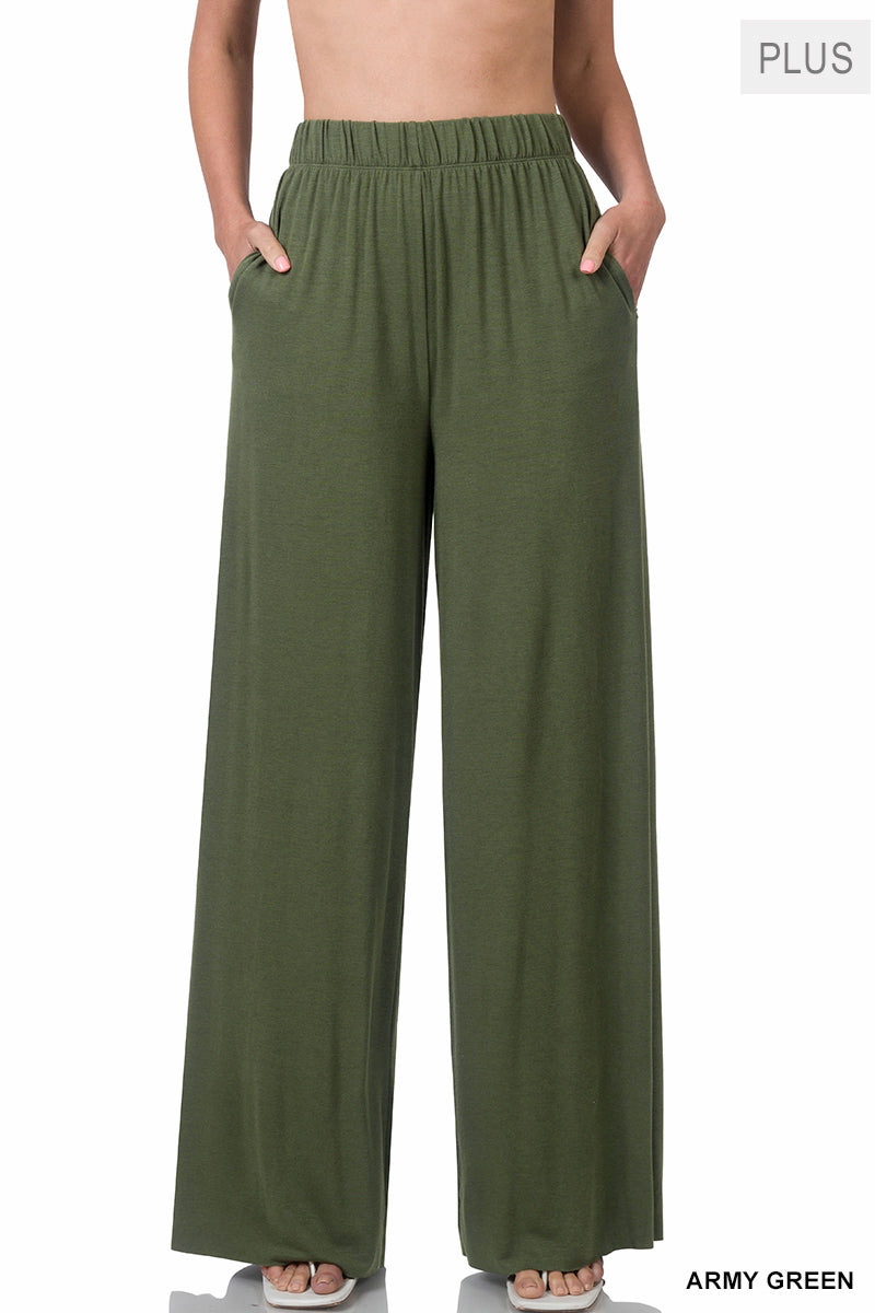 Wide Leg Pants with Pockets - Army Green
