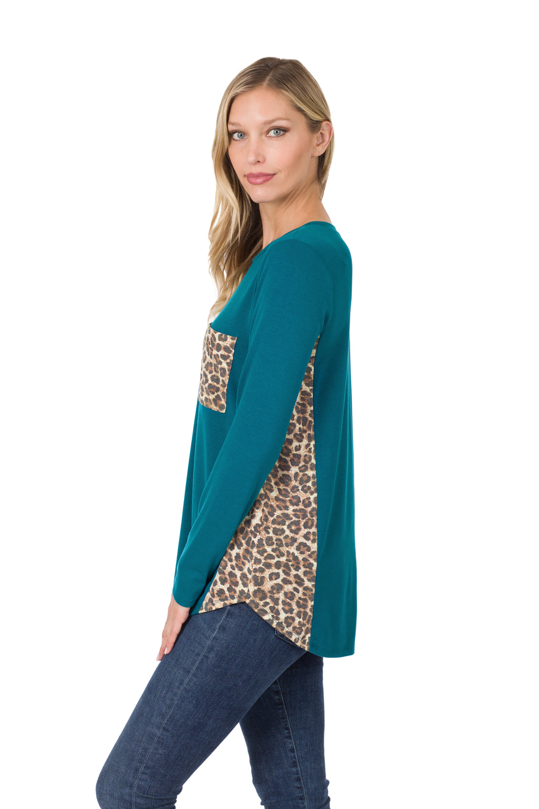 Side Panel Leopard Front Pocket Top - Teal