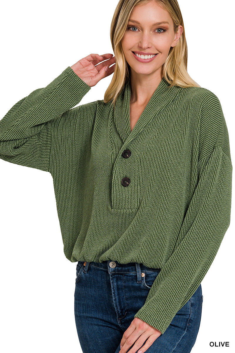 TEXTURED LINE ELASTIC WAIST PULLOVER TOP (OLIVE)