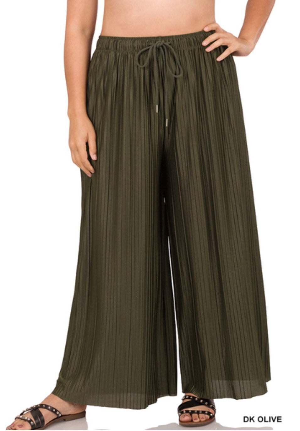 WOVEN PLEATED WIDE LEG PANTS WITH LINING (DK OLIVE)