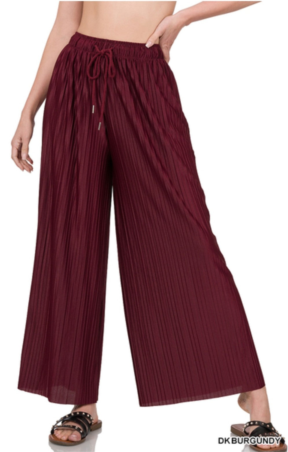 WOVEN PLEATED WIDE LEG PANTS WITH LINING (DK BURGUNDY)