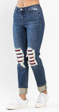 Load image into Gallery viewer, Mid Rise Buffalo Plaid Knee Destroy Patches &amp; Cuff Boyfriend

