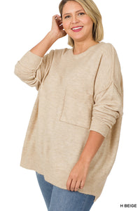 Melange HI-Low Hem pocket Sweater - H Beige