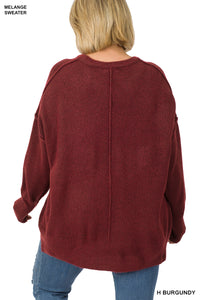 Melange HI-Low Hem pocket Sweater - H Burgundy