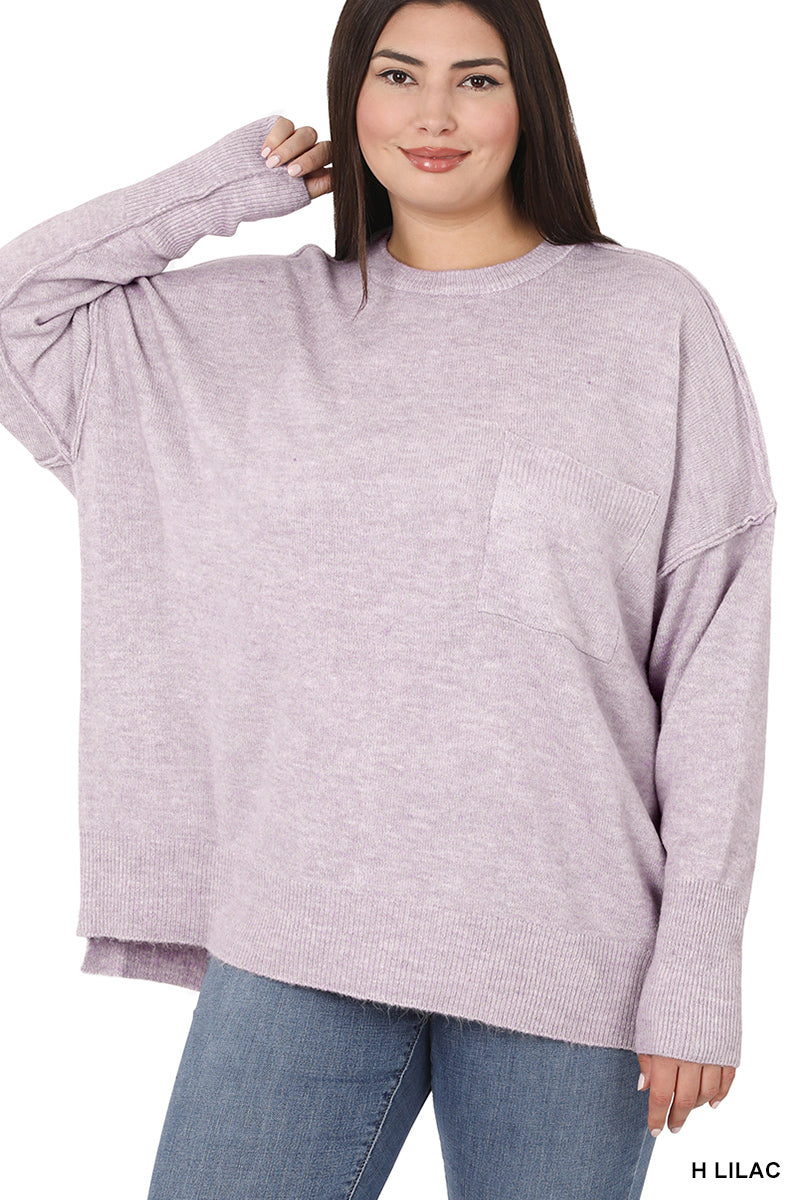 Melange HI-Low Hem pocket Sweater - H Lilac