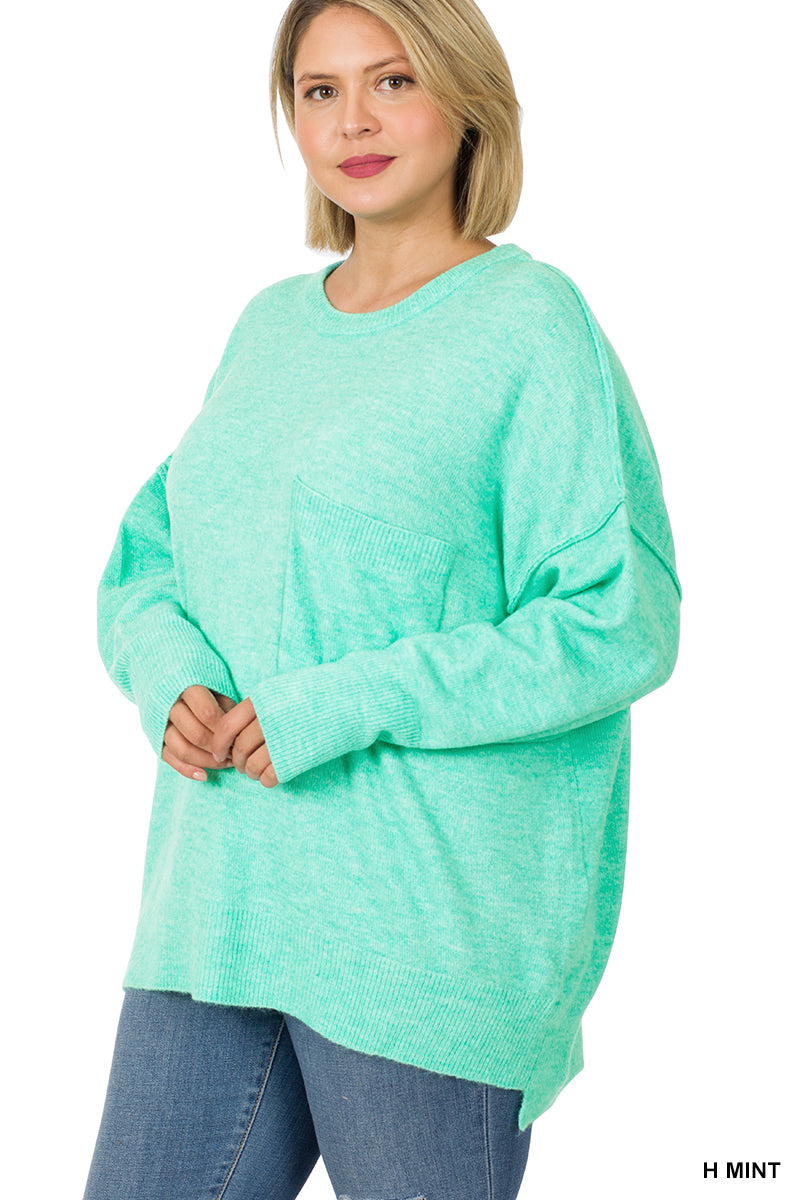 Melange HI-Low Hem pocket Sweater - H Mint
