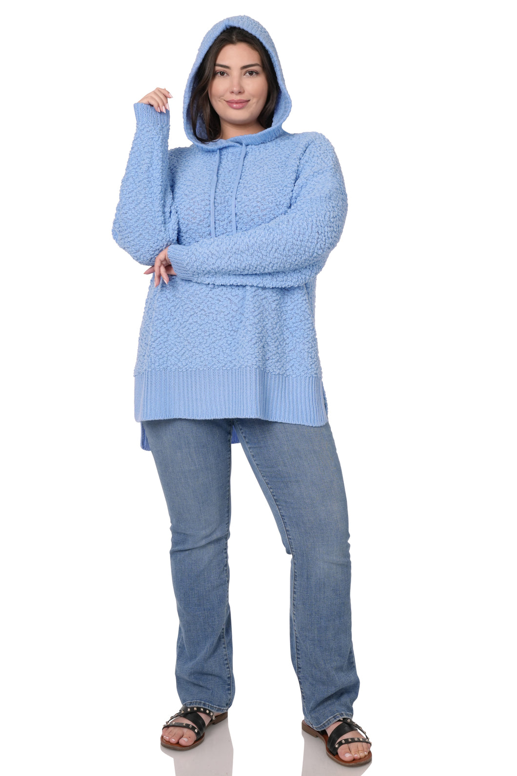 HOODED HI-LOW HEM POPCORN SWEATER (SPRING BLUE)