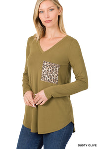 Long Sleeve V-Neck w/ Leopard Pocket (Dusty Olive)