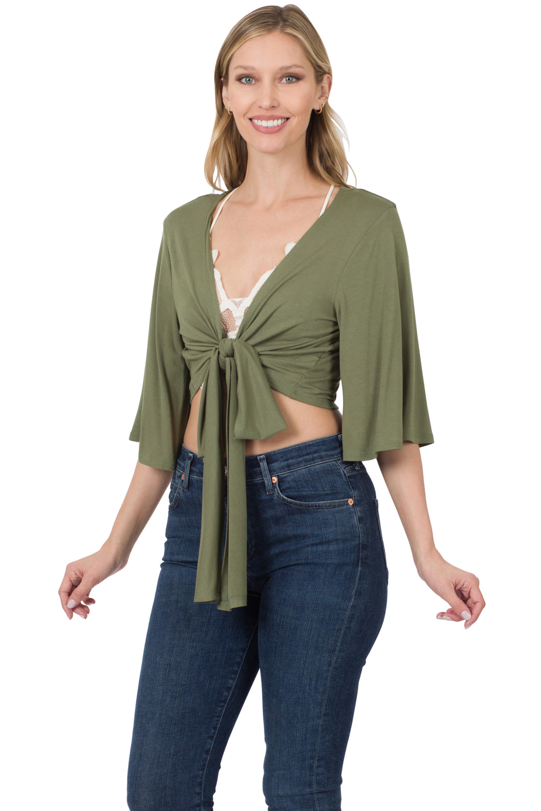 Tie Cover Up Cardigan (Lt Olive)