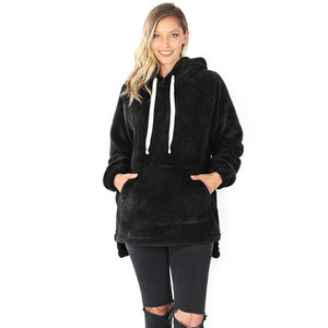 Faux Fur Hoodie with Pocket (Black)