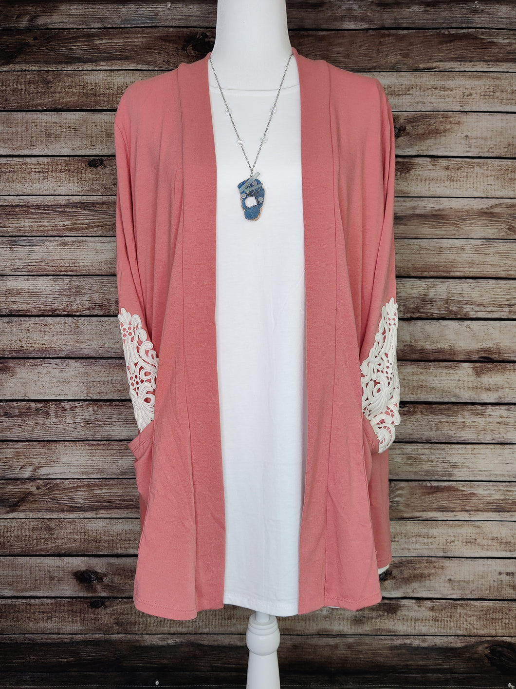 Mid Length Cardigan with Lace Detail