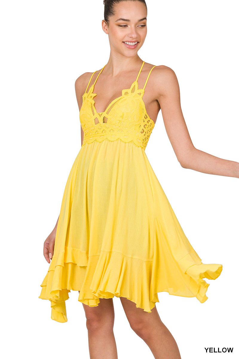 Crochet Lace Asymmetric Ruffle Cami Dress (Yellow)
