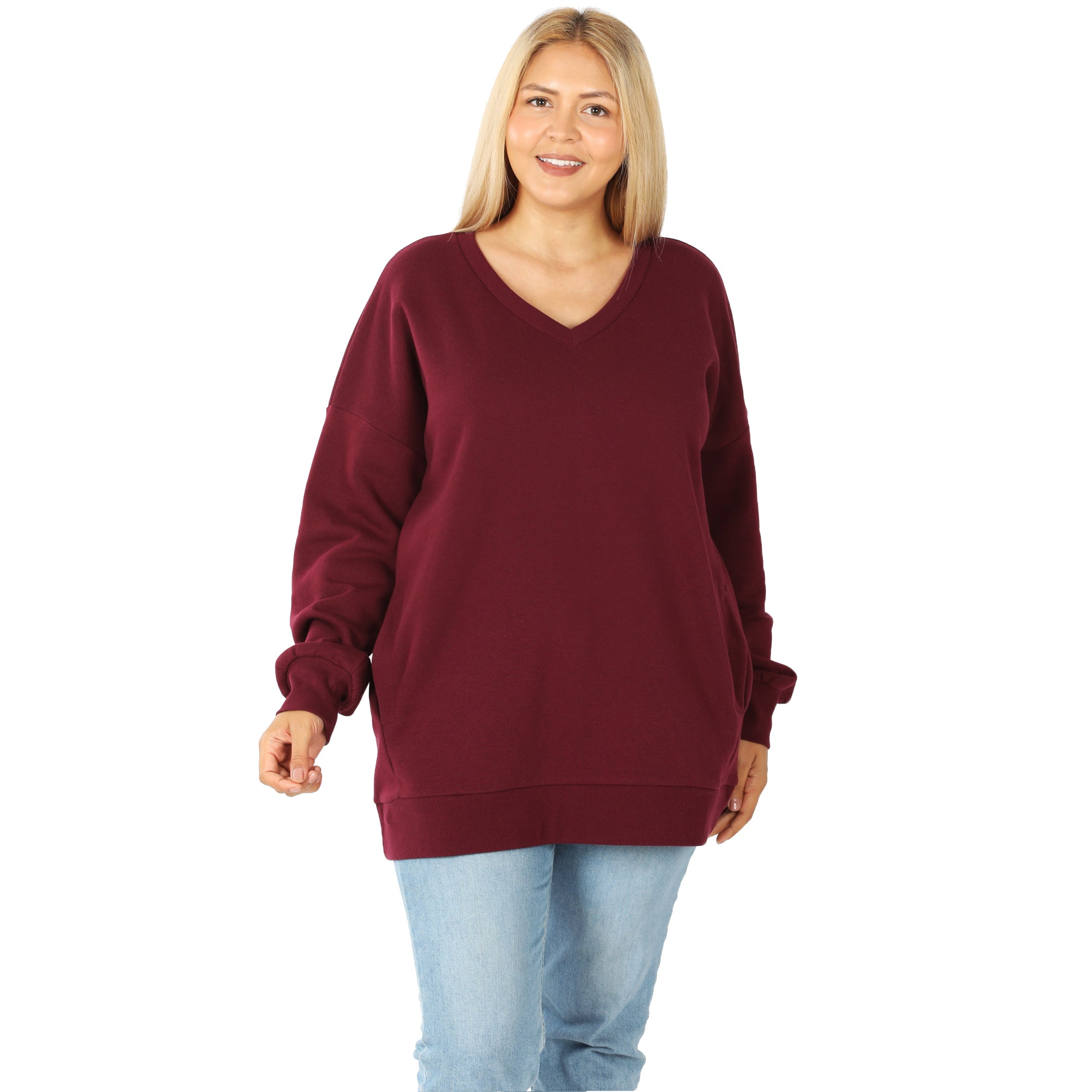 Long Sleeve V-Neck Sweatshirt w/ Side Pockets - Dk Burgundy