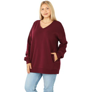 Long Sleeve V-Neck Sweatshirt w/ Side Pockets - Dk Burgundy