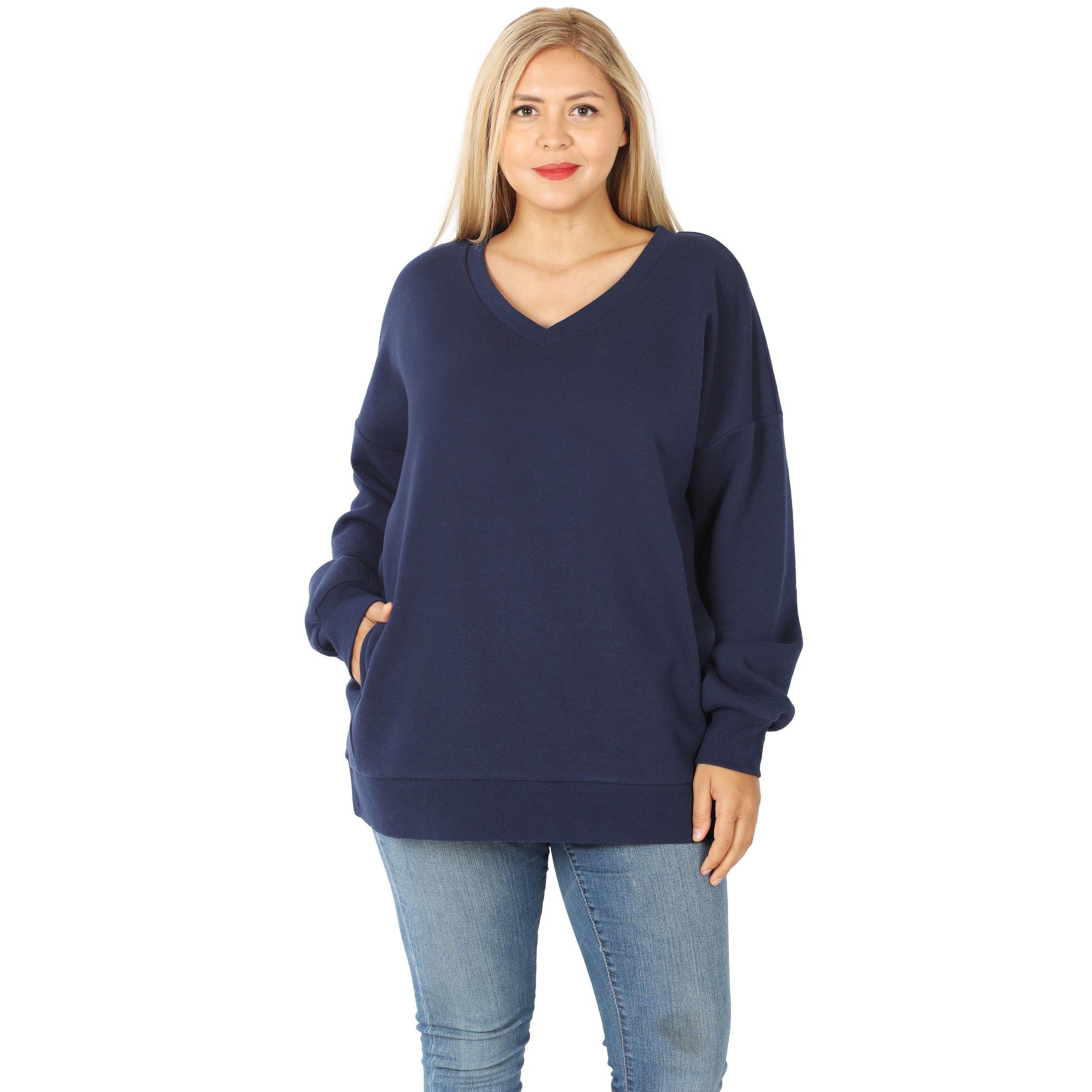 Long Sleeve V-Neck Sweatshirt w/ Side Pockets - Navy – Autumn Fairy Designs