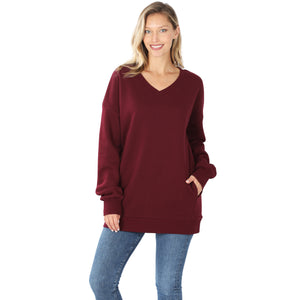 Long Sleeve V-Neck Sweatshirt w/ Side Pockets - Dk Burgundy