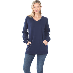 Long Sleeve V-Neck Sweatshirt w/ Side Pockets - Navy