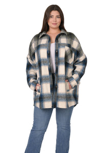 Oversized Yarn 2 Tone Plaid Longline Shacket - Teal/Olive